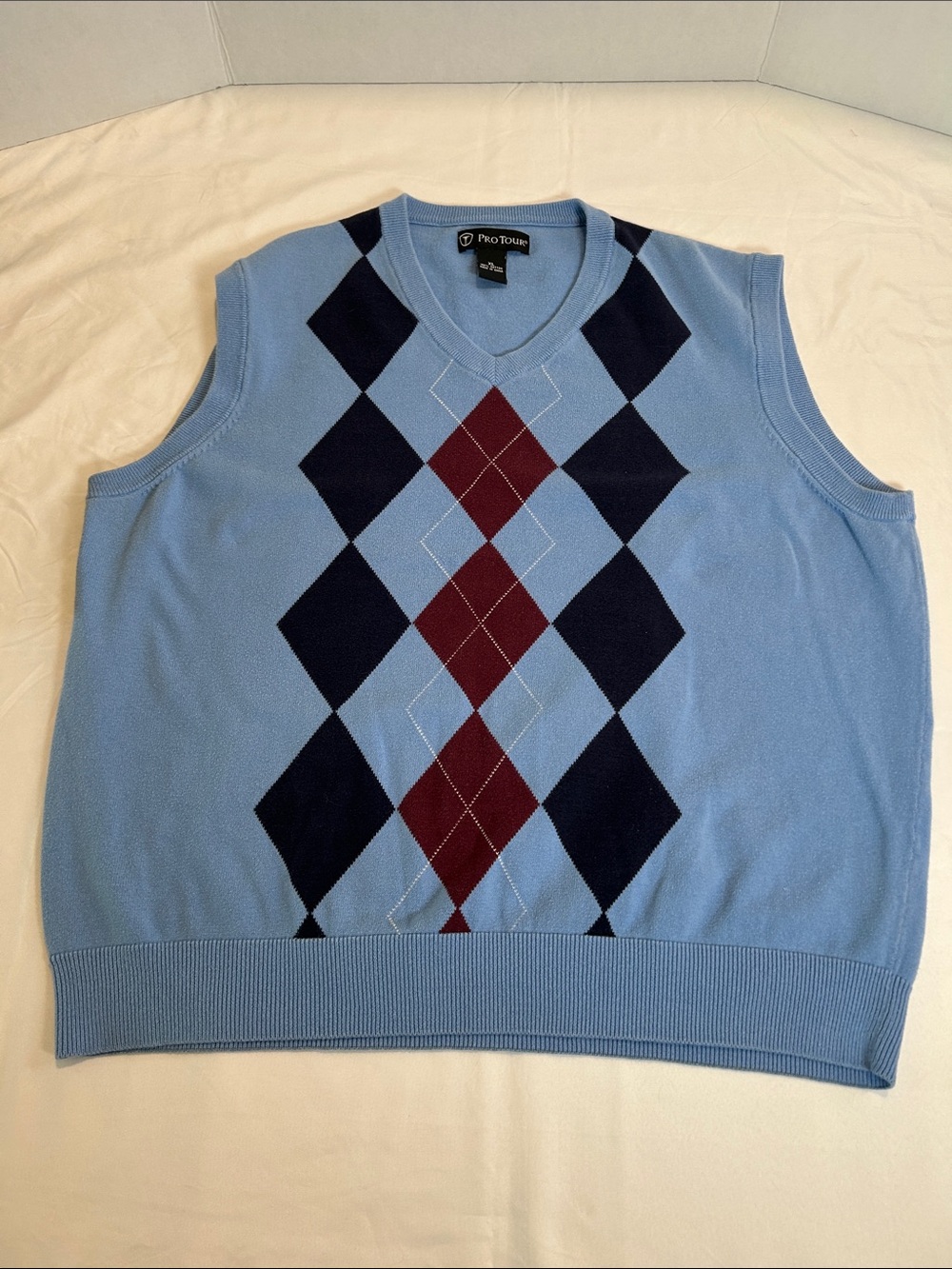 Pro Tour Golf Light Blue & Burgundy Argyle Knit Sweater Vest - XL Vintage Style